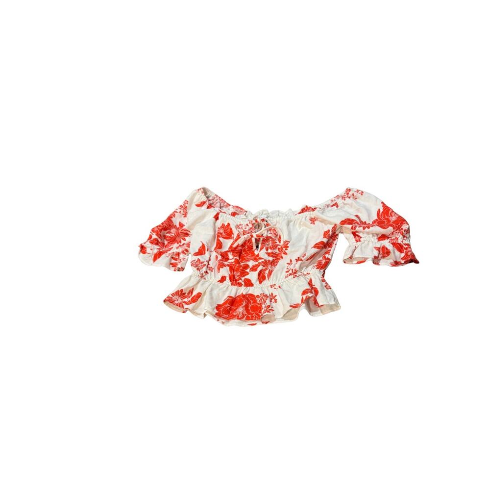 Moodie Red Floral Off Shoulder Puff Sleeve Linen Blend Crop Top M